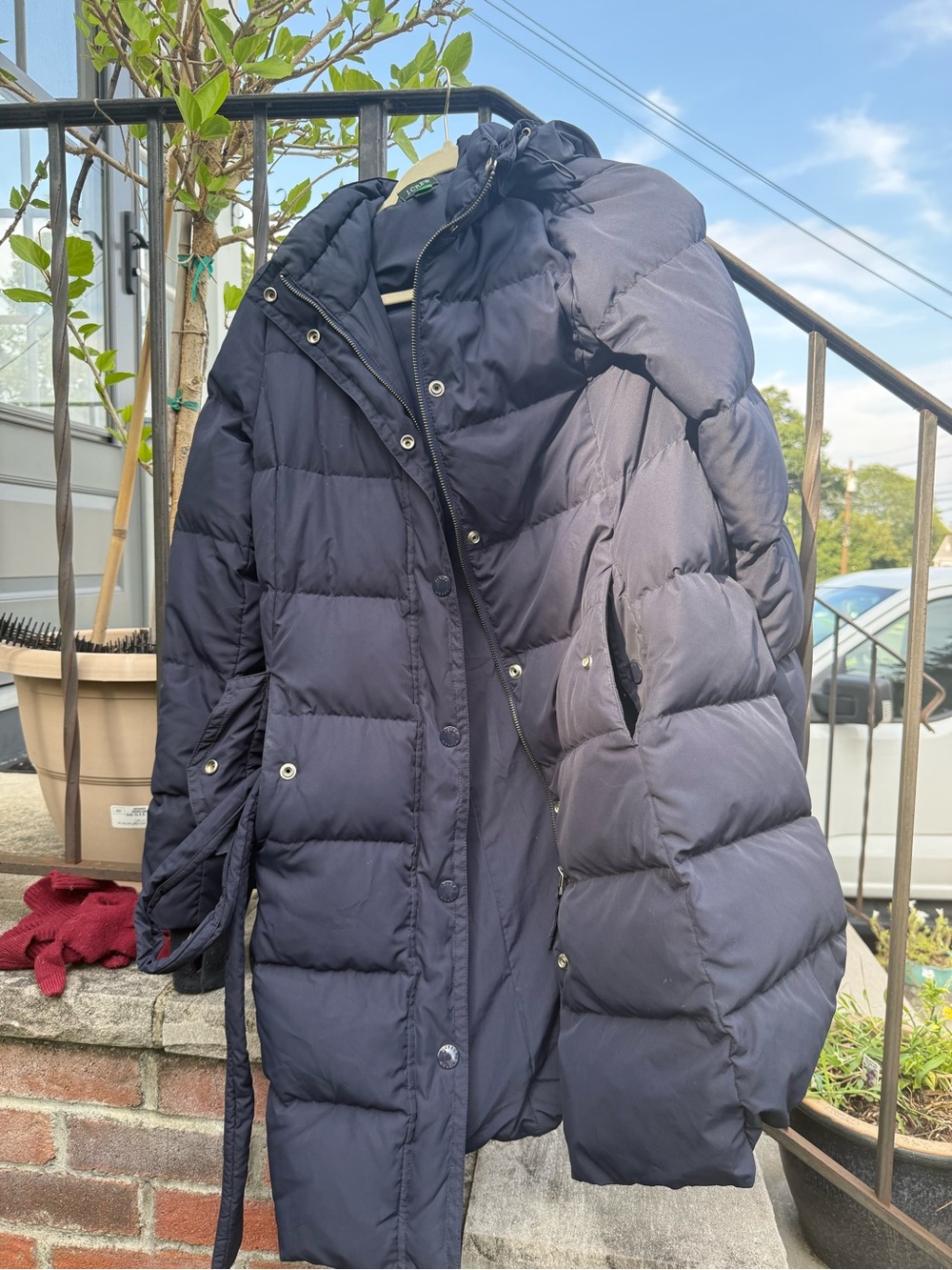 J. Crew Navy Quilted Long Puffer Coat with Hood